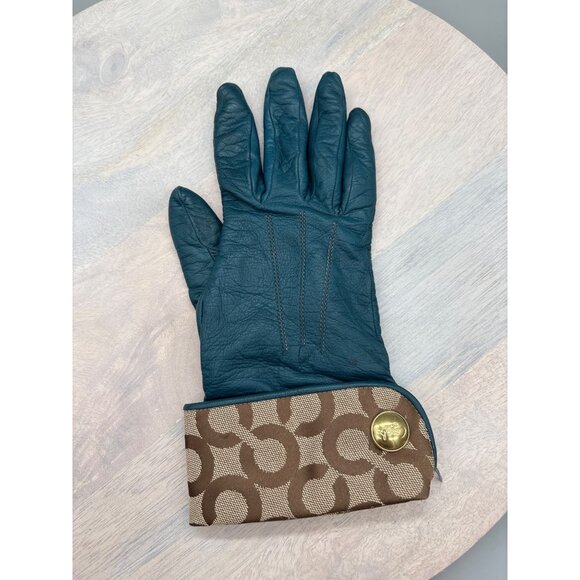 Coach Womens Green Leather Gloves With Signature Cuff Detail Size 7.5 - Picture 4 of 11